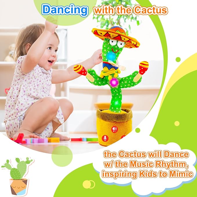 Rechargeable Dancing Talking Cactus Toy w/Volume Adjustable, Cactus Baby Toy Repeat What You Say, Baby Toys for Boys Girls, Singing Mimicking Cactus Toy, Birthday or Chirstmas Gifts for Grandkids