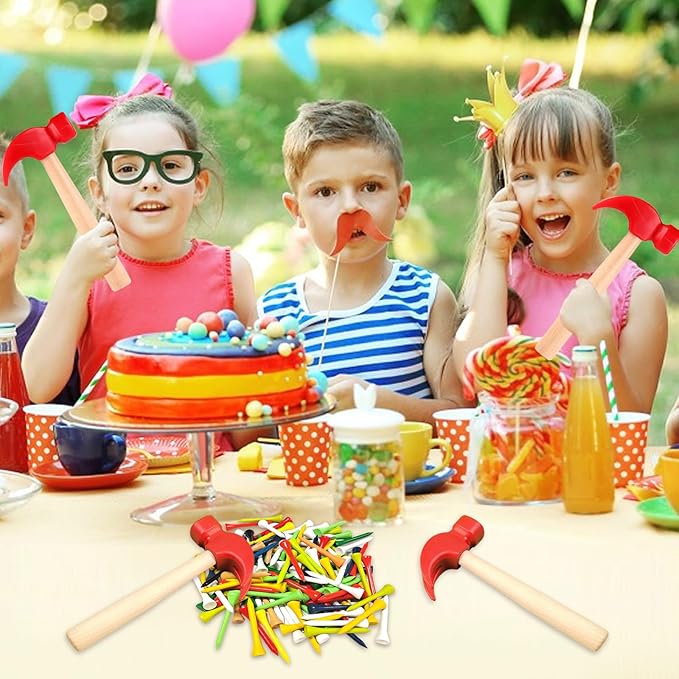 10 Pcs Kids Wooden Hammer Toy with 100 Pcs Colorful Wood Golf Tees, Small Plastic Hammer Simulation Hammers Educational Toys for Children Gift Birthday Party Halloween (Red)