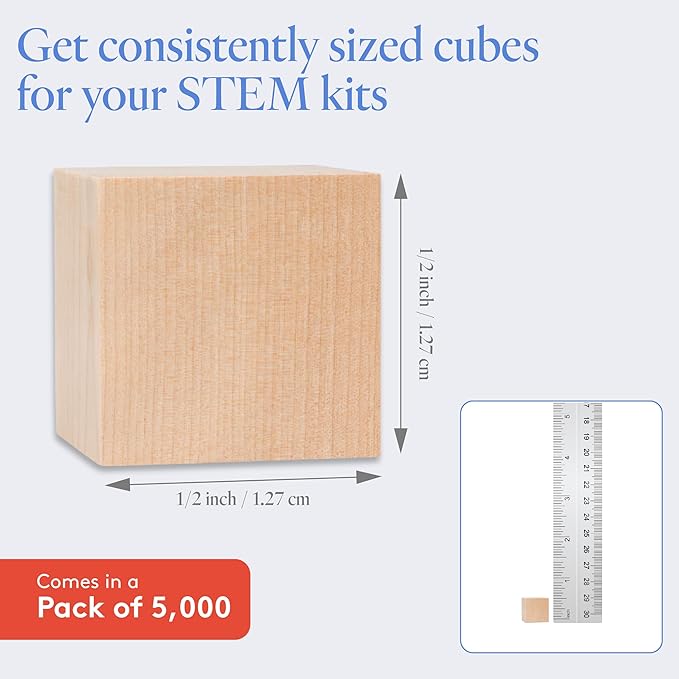 DIY Wooden Cubes 1/2-inch, Pack of 5000 Small Blank Wooden Blocks, Unfinished Wood Blocks for Crafts, STEM, Dice, and Building Blocks for Stacking, by Woodpeckers