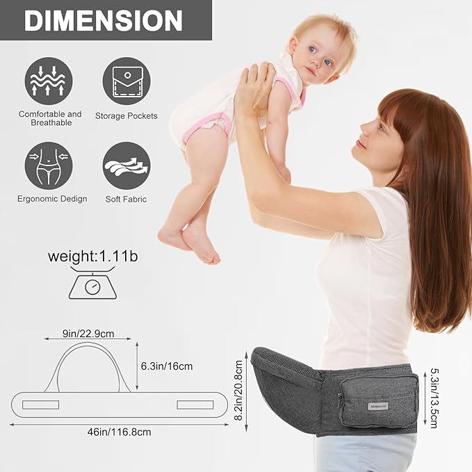 Baby Hip Carrier, Baby Carrier with Adjustable Waistband & Breathable Mesh, Ergonomic Carrier with Non-Slip Hip Seat Surface for Newborns & Toddlers, Light Grey