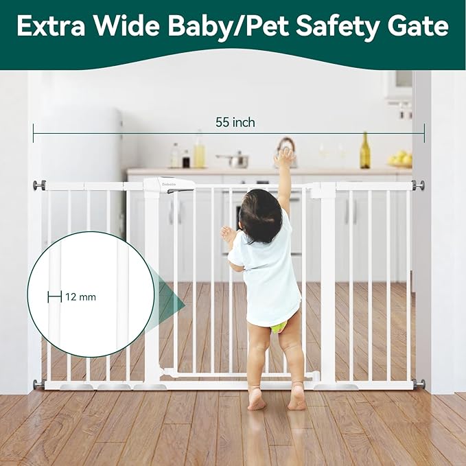 BABELIO 29-55 Inch Extra Wide Baby/Dog Gate, PressGuard P7, Metal Auto Close, Pressure Mounted Pet Door for Doorways, NO Need Tools and Drilling, with Wall Cups, White