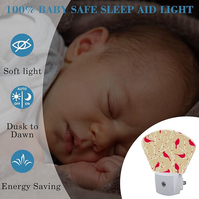 Christmas Red Cardinal Bird Night Light Plug into Wall, Christmas Night Light with Dusk to Dawn Sensor for Kid Girls Boys Women Men Bedroom, Hallway, Kitchen, Bathroom, Stairs Decor