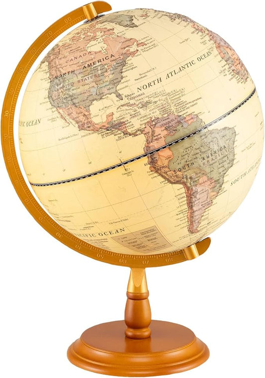 12" Illuminated World Globe, Desktop Globe with Raised Relief, LED Lights, Time Zone & Non-Slip Wooden Base, Geographic Terrain Globes for Decoration (Bronze)