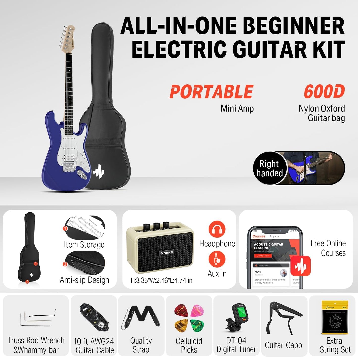 Donner 39-Inch Electric Guitar Kit - Purple Sapphire Blue HSS Pickup, Amplifier, Lessons, Bag, Tuner, Capo, Strap, Cable, Picks