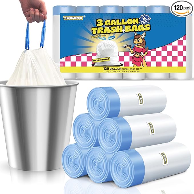 3 Gallon Trash Bags Drawstring 0.96 Mil - 120 Count 12 Liter Small Garbage Bags for Bathroom, Strong White Unscented Plastic Wastebasket Bin Liners for Toilet Office and Bedroom