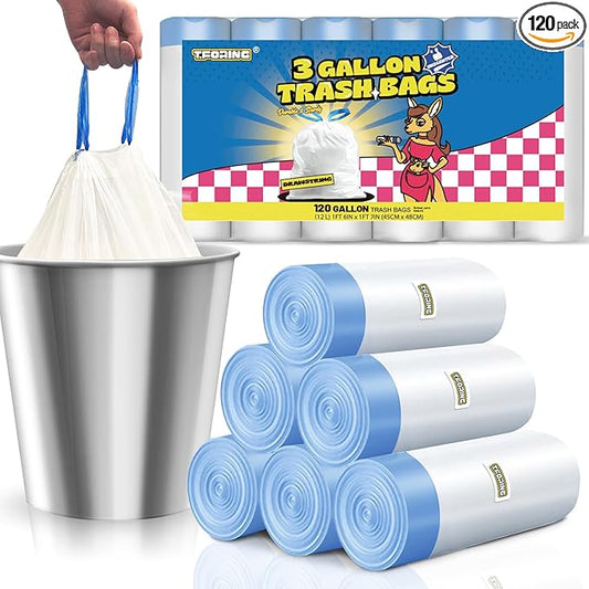 3 Gallon Trash Bags Drawstring 0.96 Mil - 120 Count 12 Liter Small Garbage Bags for Bathroom, Strong White Unscented Plastic Wastebasket Bin Liners for Toilet Office and Bedroom