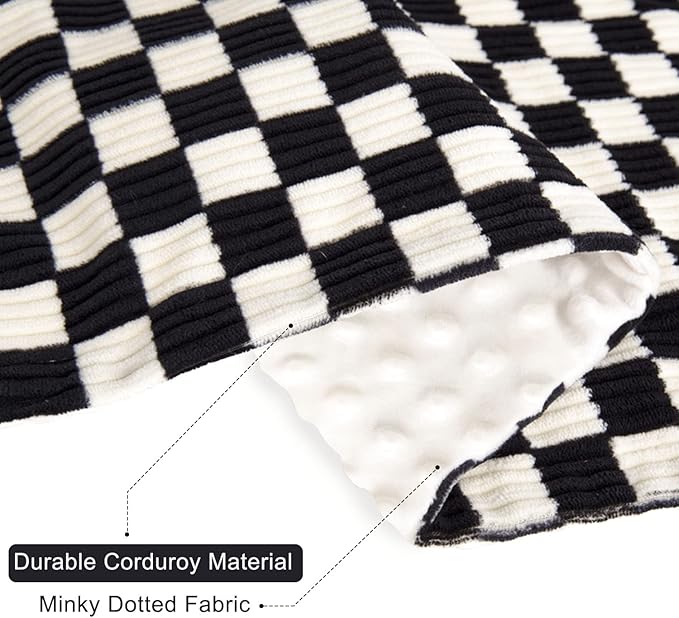 Baby Blanket for Kids Adults Comfy Durable Corduroy Toddler Blanket with Double Layer Dotted Backing Checkerboard Grid Chessboard Gingham Warmer Bed Blankets for All Season Black, 50x60 Inches