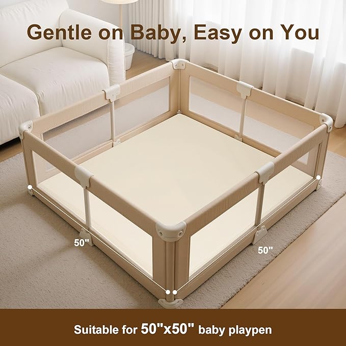 Baby Play Mat for Floor,50x50 Playpen Mat,Non-Slip Leather&Thick Foam Floor Cushion,Removable Waterproof Cover,Easy Care for Baby Crawling,Toddler,Kids,Tummy Time（Beige)