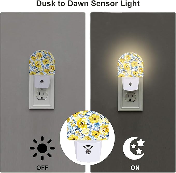 Retro Yellow Blue Flowers Night Light, Watercolor Floral Dusk to Dawn Night Light Plug in,0.5w Energy Saving Sleep Friendly NightLight for Kids Boys Girls Home Decor