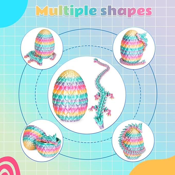 Large Dragon Eggs with Dragon Inside, 3D Printed Surprise Funny Gifts for Kids, Articulated Dragon Fidget Toys for Adults, Executive Desk Toys Office Room Décor (Pastel Rainbow)