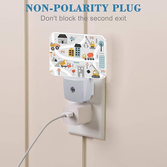 Cartoon Construction Vehicle Night Light for Kids Girls Boys, Building Scene LED Night Light Plug into Wall with Dusk to Dawn Sensor for Bedroom, Hallway, Kitchen, Bathroom, Stairs Decor