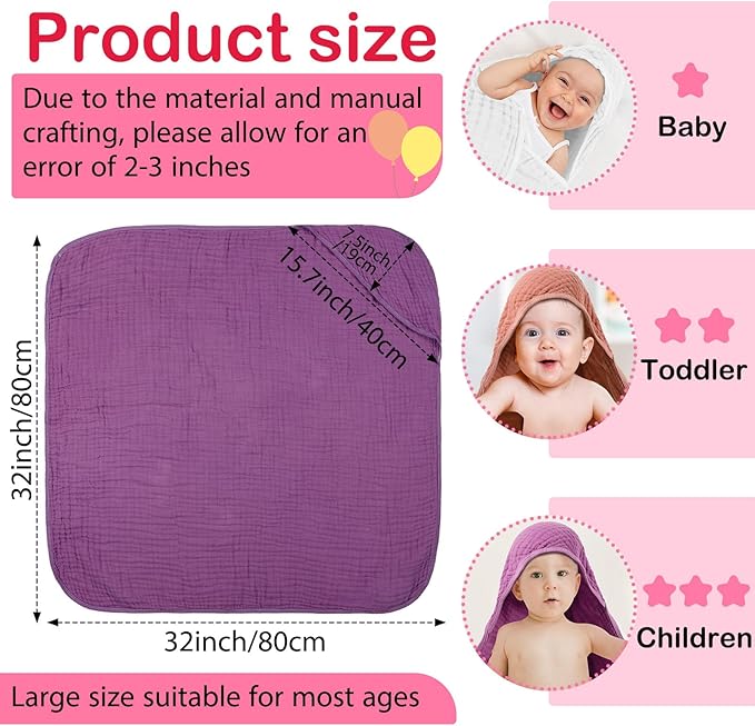 Peryiter 6 Pcs Muslin Hooded Baby Towels, 32"x 32" Cotton Newborn Bath Towel Muslin Infant Baby Blankets Absorbent Unisex Newborn Registry Gift Essentials for Girls Boys (Purple)