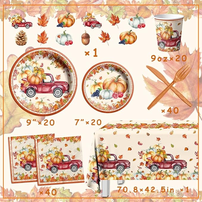 142Pcs Fall Party Plates and Napkins Party Supplies, Autumn Pumpkin Leaves Tableware Set with Cups,Banner,Pumpkin Tablecloth for Fall Harvest Party Thanksgiving Dinner Party Decorations, Serves 20