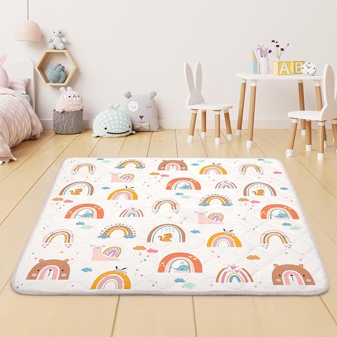 Baby Play Mat for Floor,Soft 50x50 Playpen Mat,Thick Foam Cushioned Playmat for Tummy Time,Safe Non-Slip Backing for Crawling for Kids Toddlers Infants,Boho Rainbow