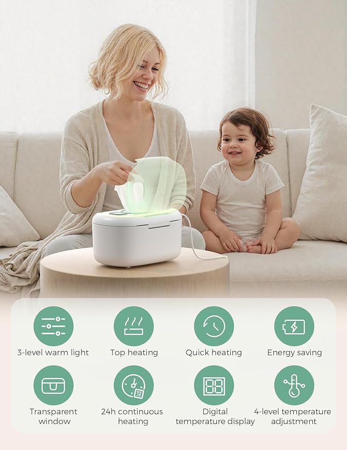 Momcozy New Baby Wipe Warmer, 100pcs Larger Capacity Wipe Dispenser, 10-Min Fast Heating with 4 Temperature Modes, Innovative Spring Design, Silicone & Top Seals,Quick Even Heating, 3-Level Nightlight