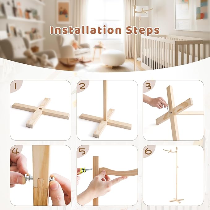 Floor Standing Crib Mobile Arm 57.8 Inch Wooden Baby Mobile Arm for Crib Movable Baby Mobile Hanger with Hook Anti-Dumping Baby Mobile Holder Floor Stand Nursery Decor