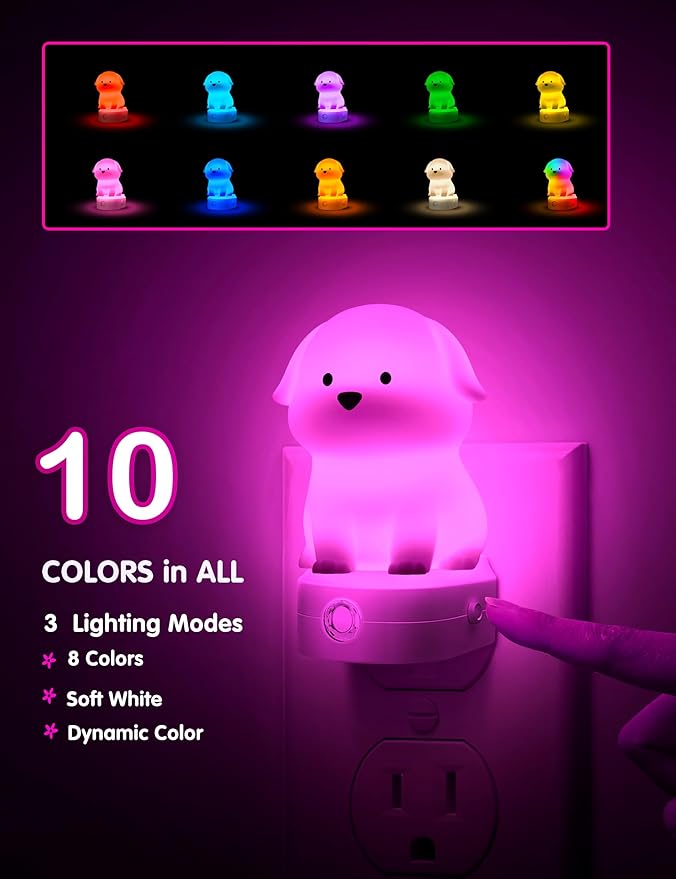 L LOHAS LED Plug in Night Light for Kids 2 Pack, 3D Cute Puppy Night Lights with Dusk to Dawn Sensor, RGB+Soft White 3000K Dog Night Light, Christmas Birthday Gift Nightlight for Kids, Room Decor