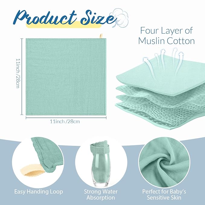 Preboun 6 Pcs Muslin Hooded Baby Towels and Washcloths 32"x 32" Cotton Newborn Bath Towel Anti-Shrink Infant Baby Blankets with Hood 12"x 12" Washcloths for Girl Boy Toddler(Light Blue,Light Green)