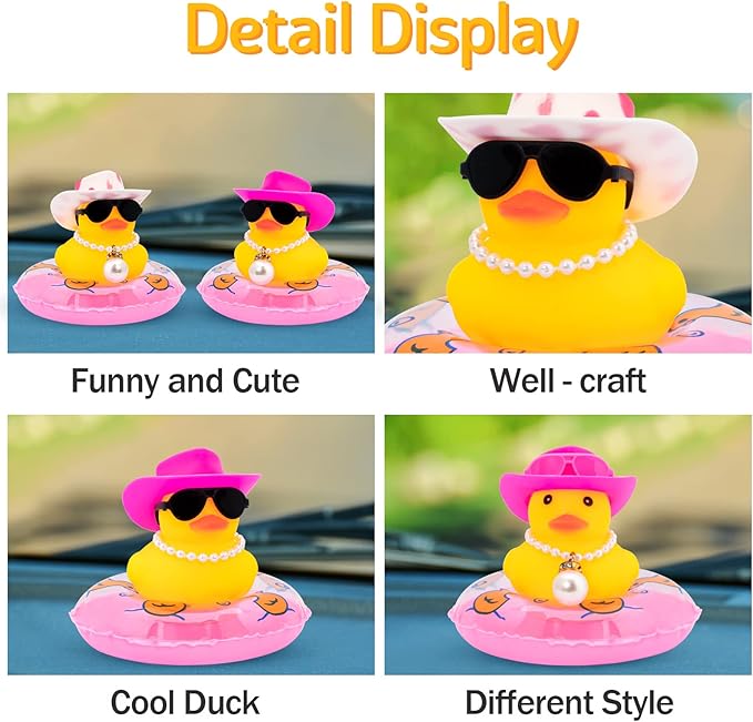 wonuu Car Rubber Duck, Yellow Duck Decoration Dashboard with Sun Hat Swim Ring Necklace Sunglasses for Car Dashboard Decorations, Pink White Cowboy Hat-Pink-Big Pearl