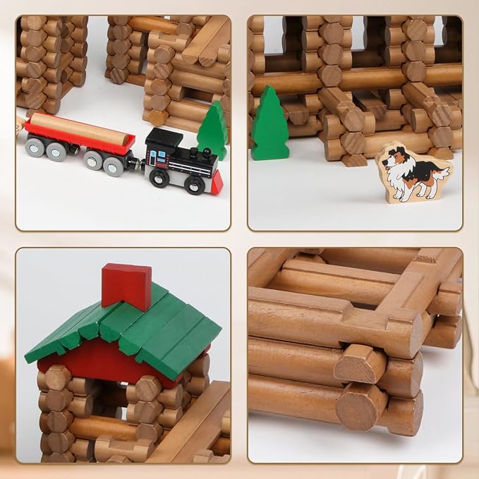 Wondertoys 208 Pcs Wooden Log Set - Classic Building Logs Ages 3+ - Best Retro Building Gift Set for Boys - Creative Construction Engineering Educational Gifts