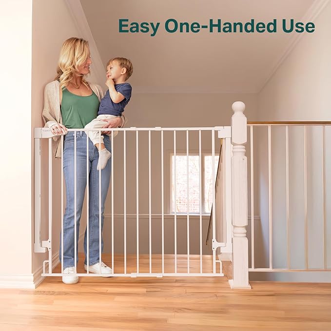 Cumbor 34" Extra Tall No Bottom Bar Baby Gate for Stairs, Wall Mounted Dog Gate Indoor for Larger Pets, Expandable 29.2-43" Safety Gate for Doorways, Wide Walk Thru Door for Easy Access (White)