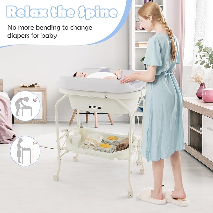 INFANS 2 in 1 Baby Changing Table with Bath Tub Unit, Folding Diaper Dresser Station with Wheels Waterproof Pad Storage Rack, Portable Nursery Organizer Stand for Newborn Infant (White)