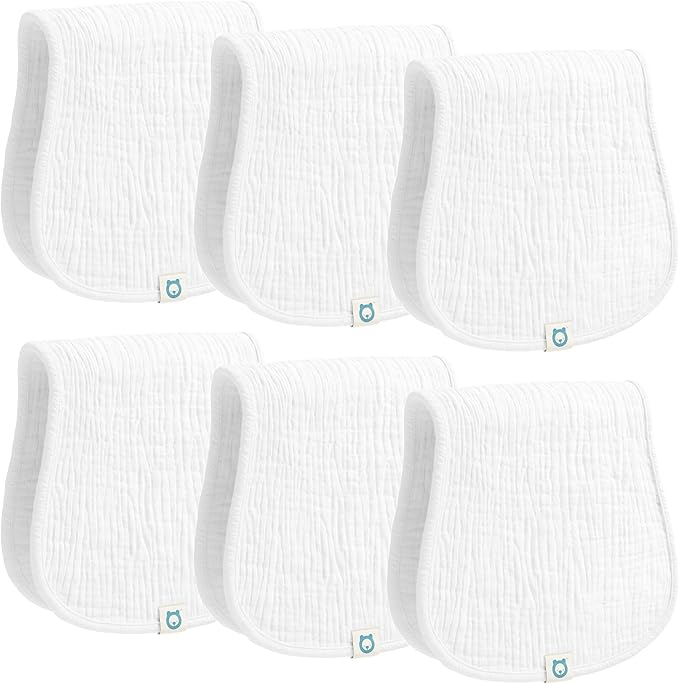 Muslin Burp Cloths Set, 6 Pieces, 100% Organic Cotton Hand Washcloths for Baby Boys and Girls Extra Absorbent and Soft Burping Rags (White - Solid Color)