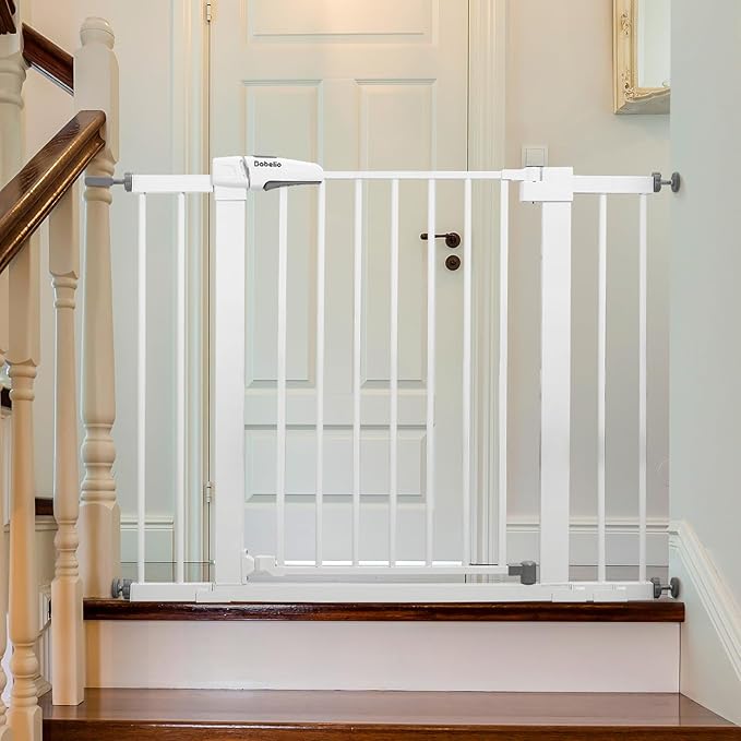 Babelio Metal Baby Gate, 29-43" Auto Close Easy Install Pet Gate PressGuard P7, Extra Wide Walk Thru Child Safety Gate, 30" Tall Pressure Mounted Dog Gate for Doorways & Stairs, White