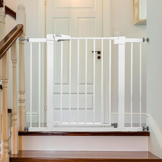 Babelio Metal Baby Gate, 29-43" Auto Close Easy Install Pet Gate PressGuard P7, Extra Wide Walk Thru Child Safety Gate, 30" Tall Pressure Mounted Dog Gate for Doorways & Stairs, White