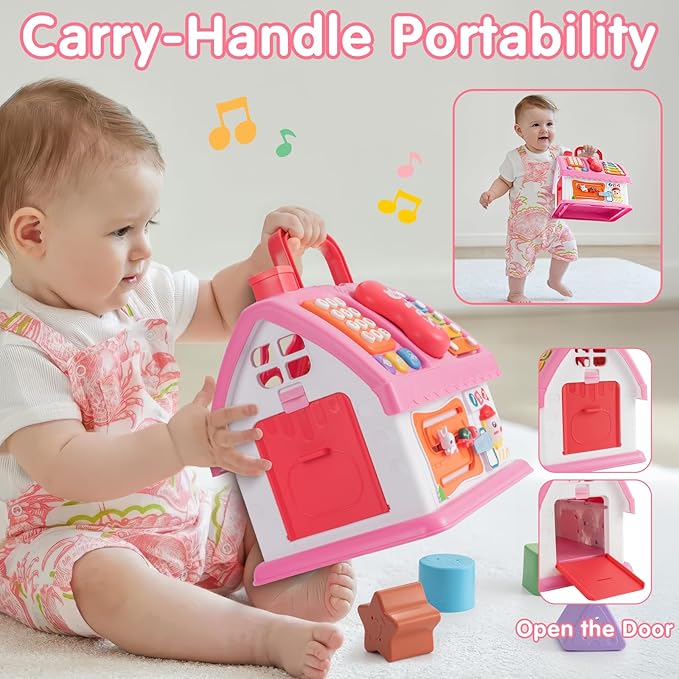 Montessori Toys for 1 Year Old, Baby Music Toys for 1 Year Old Girl Gift, 12-in-1 Musical House Toddler Learning Toy for 1 2 3 Ages, First Birthday Gifts for Girls and Boys, Educational Toy, (Pink)