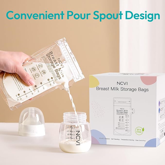 NCVI Breastmilk Storage Bags, 120 Count Milk Storage Bags for Breastfeeding, 7oz Breast Milk Storage Bags with Temp-Sensing, Doubled-Sealed, Hygienically, Self Standing, Easy Pour Spout, BPA Free
