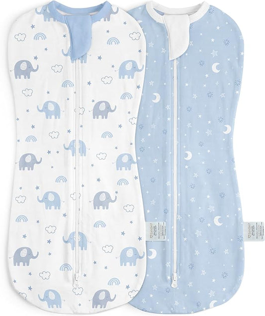 Baby Swaddle 0-2 Months, Cotton Arm-In Zipper Sleep Sack, Wearable Blankets Wrap for Newborn Infant Girls, Boys (Elephant, Star Moon, Pack of 2)