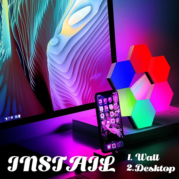 ODISTAR Hexagon Wall Light Panels (8 Pack)- Smart APP RGB Hexagonal LED Modular Lights with Remote Control,Music Sync Features for Gaming Rooms,Living Rooms, Bedrooms, DIY Enthusiasts and Gift Options