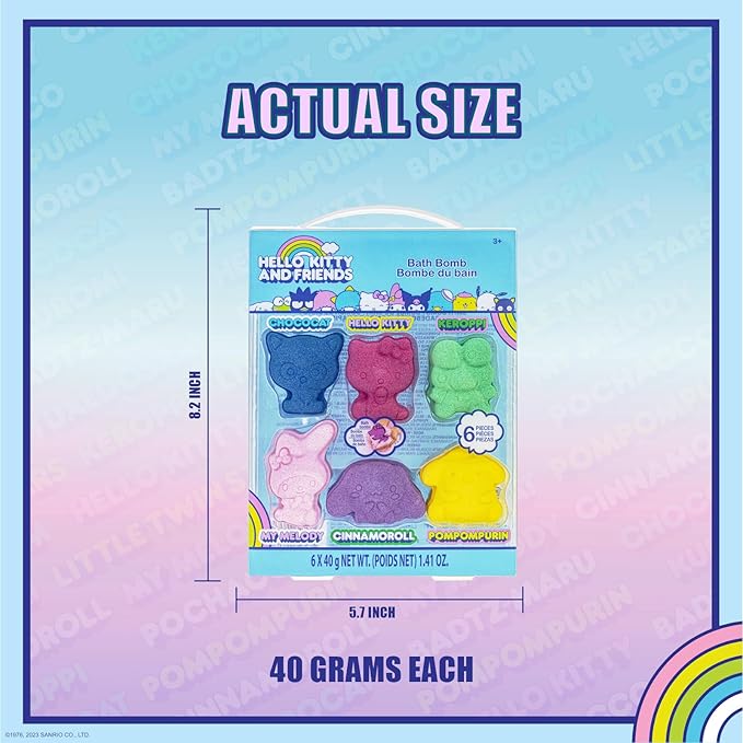 Hello Kitty and Friends Bath Bombs Set, 6 Piece, Bubblegum Scented - Ages 3+ Character Molded – Fun & Bright Colors - Bath Time Fun, Great Birthday Gifts, Stocking Stuffers, by Townley Girl