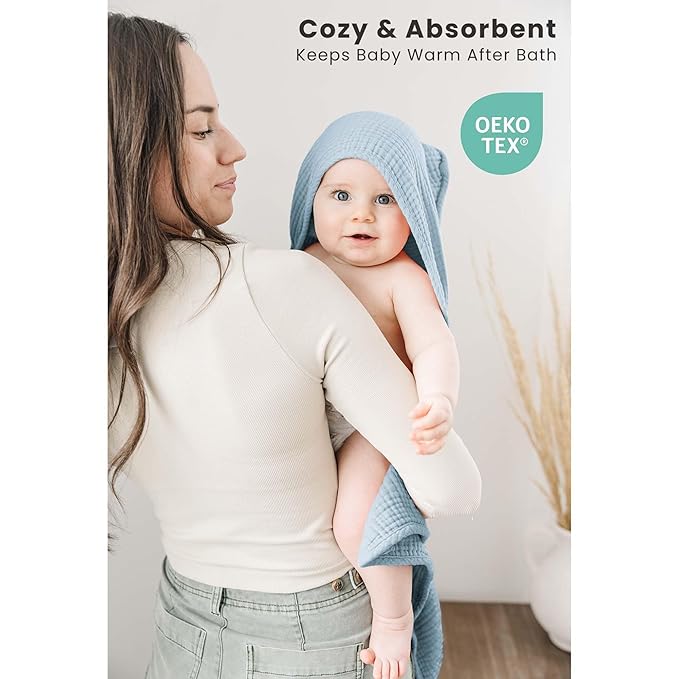 Konssy 2-Pack Muslin Hooded Baby Towels, 100% Cotton, Ultra-Soft & Absorbent Baby Bath Towels with Hood for Newborn & Infant (Blue, Blue Whale, 32" x 32")