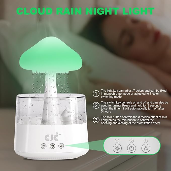 Cloud Rain Humidifier for Bedroom with Soothing Rain Sounds, Water Drip Mushroom Humidifiers 7 Colors Mood Raindrop Air Moisturizer Waterfall Night Light Sleep Aid Diffuser (White Cloud, CH08)