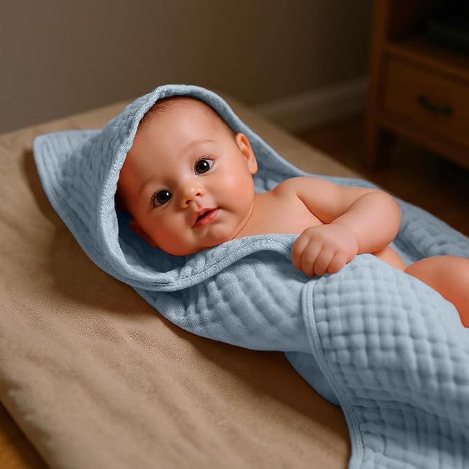 VitalCozy 8 Pcs Baby Muslin Hooded Bath Towels and Washcloths, 32 x 32 Inch Muslin Hooded Baby Towels Absorbent Blankets for Gift Newborn Infant Shower (Modern Style)