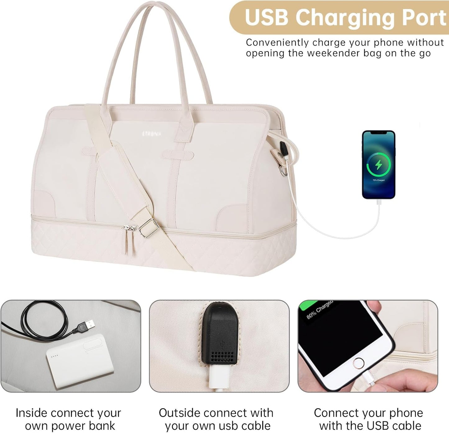 ETRONIK Weekender Overnight Bags for Women, Large Travel Duffle Bags with Shoe Compartment & Wet Pocket, Carry On Tote Bag Gym Duffel Bag with Toiletry Bags for Hospital 3 Pcs Set, Large Size, Beige