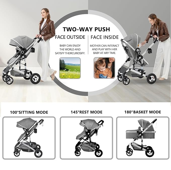 Kinder King 2 in 1 Convertible Baby Stroller, Folding High Landscape Infant Carriage, Newborn Reversible Pram, Adjustable Canopy, Diaper Bag, Anti-Shock Toddler Pushchair Stroller, Light Grey