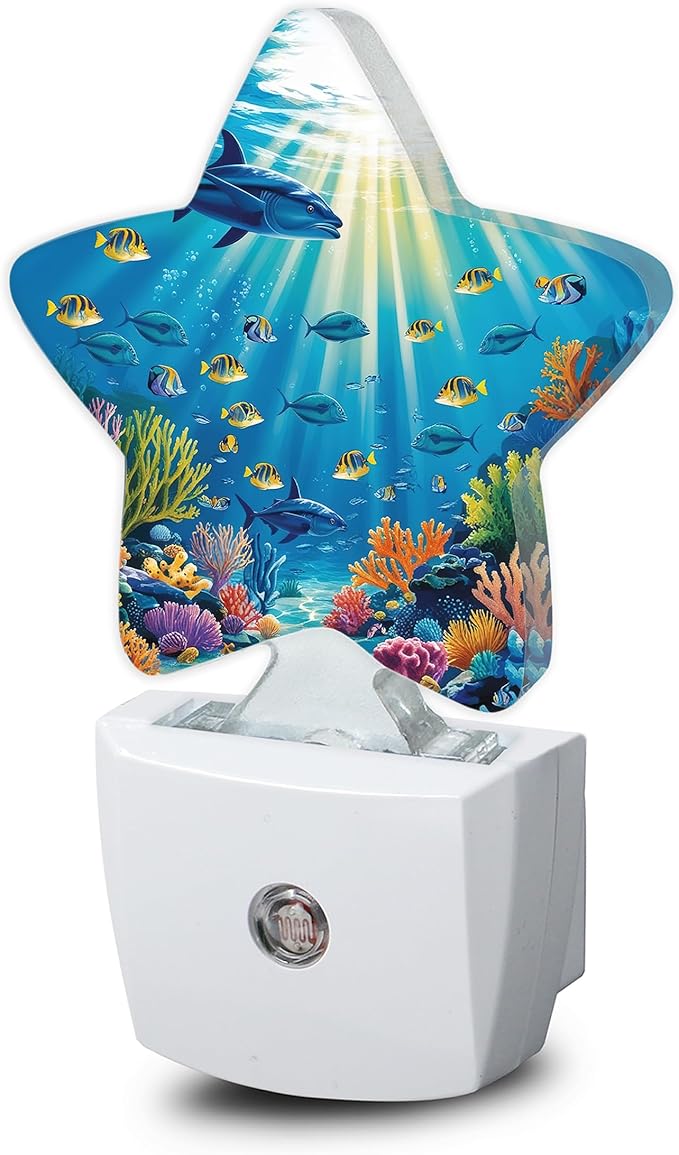 Underwater World Night Light,Sea Ocean Fish Plug-in Star Night Lights with Dusk-to-Dawn Sensor for Bedroom,Bathroom,Living Room Sleep Friendly Lamp for Women Girls Boys Gift,0.5W
