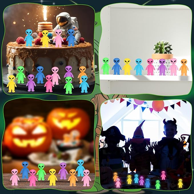 80 Pcs Colorful Mini Alien Figures Glow in The Dark Small Little Tiny Aliens Figurine to Hide and Seek for Space Party Favors Prank Gifts Halloween Party Goodie Bag Fillers, 8 Colors