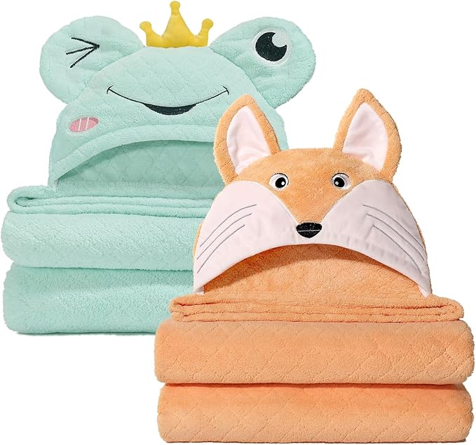 Hooded Baby Towels, 2-Pack Thick Absorbent Large 50"x 32" Baby Towels with Hood Aniaml for Children,Shower,Beach, Green & Orange Set