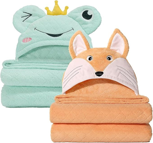 Hooded Baby Towels, 2-Pack Thick Absorbent Large 50"x 32" Baby Towels with Hood Aniaml for Children,Shower,Beach, Green & Orange Set