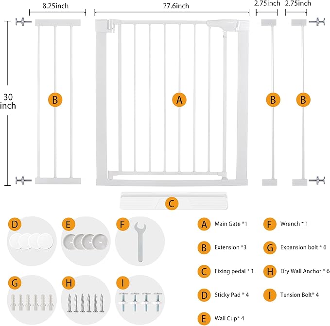 Mumeasy Baby Gate for Stairs - 29.6-46" Auto Close Dog Gate for Doorways, Extra Wide Child Gate Indoor, Walking Through Safety Gate for Kid, Pet Gates No Drilling White, Mom's Choice Awards Winner