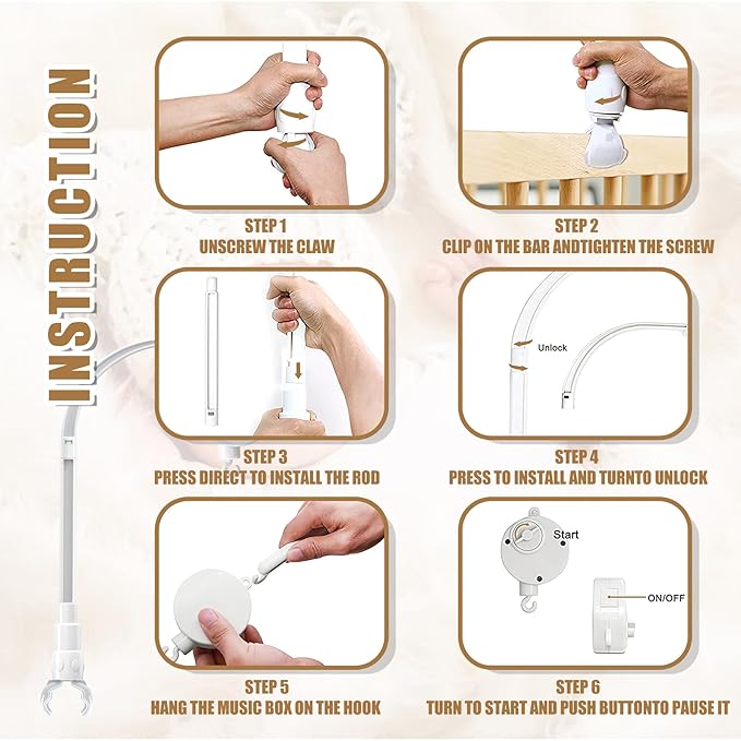 23 inches DIY Baby Crib Mobile Arm,Mobile arm for Crib,Nursery Mobile arm,Baby Mobile Hanger, with Music Box-The Claw Part Can be Adjusted Width-DIY Toy Decoration