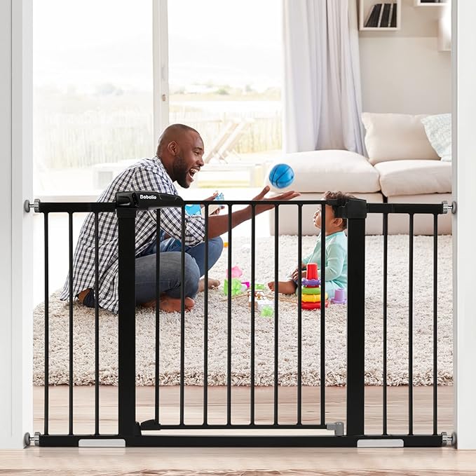 Babelio Metal Auto Close Baby Gate PressGuard P7,Extra Wide Pet Gate for The House and Doorways, Pressure Mounted Walk Thru Child Gate with Door (Black, 30" Tall 29"-48" Wide)