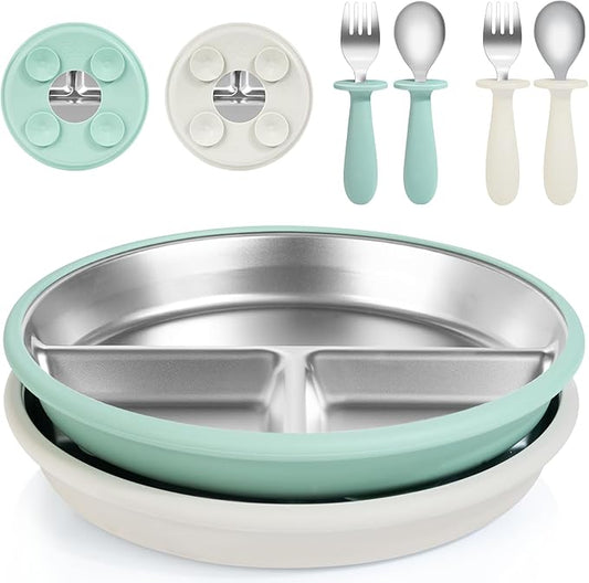 Bella’s Friends Baby Feeding Set, 2 Pack Stainless Steel Divided Plate with Silicone Suction, 2 Set Spoons and Forks, BPA Free, Dishwasher Safe, Baby Led Weaning Supplies, Toddler Utensils,beige green