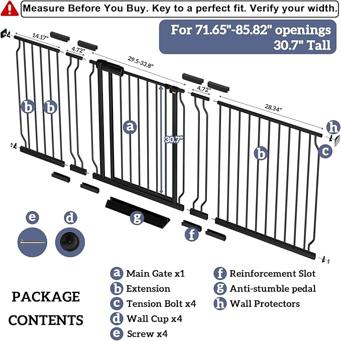 Extra Wide Baby Gates for Doorways 71.65"-85.82" Extra Wide Baby Gate Dog gate Pressure Mounted No Drilling with Walk-Through, Auto-Close & Dual-Direction Swing for Large Wide Opening Black