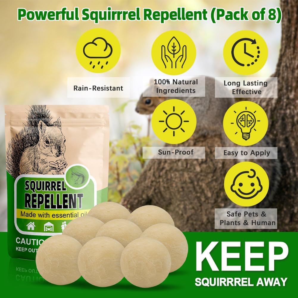 Squirrel Repellent Outdoor, Chipmunk Repellent for Attic/Garden/Bird Feeders/Plants/Cars, Deterrent Squirrels, Keep Chipmunks Away-Pack of 8