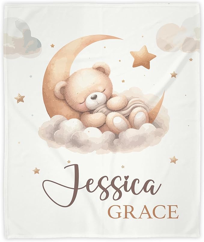 Teddy Bear Personalized Baby Blanket for Girl, Baby Girl Blankets, Brown Bear Moon Custom Name Blanket for Girls, New Mom Newborn Gift, Birthday